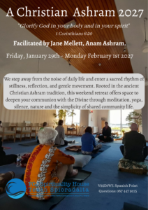 poster for course. text on  top, images behind is of group of participants sitting on yoga mats, facing the wondow and sun outside